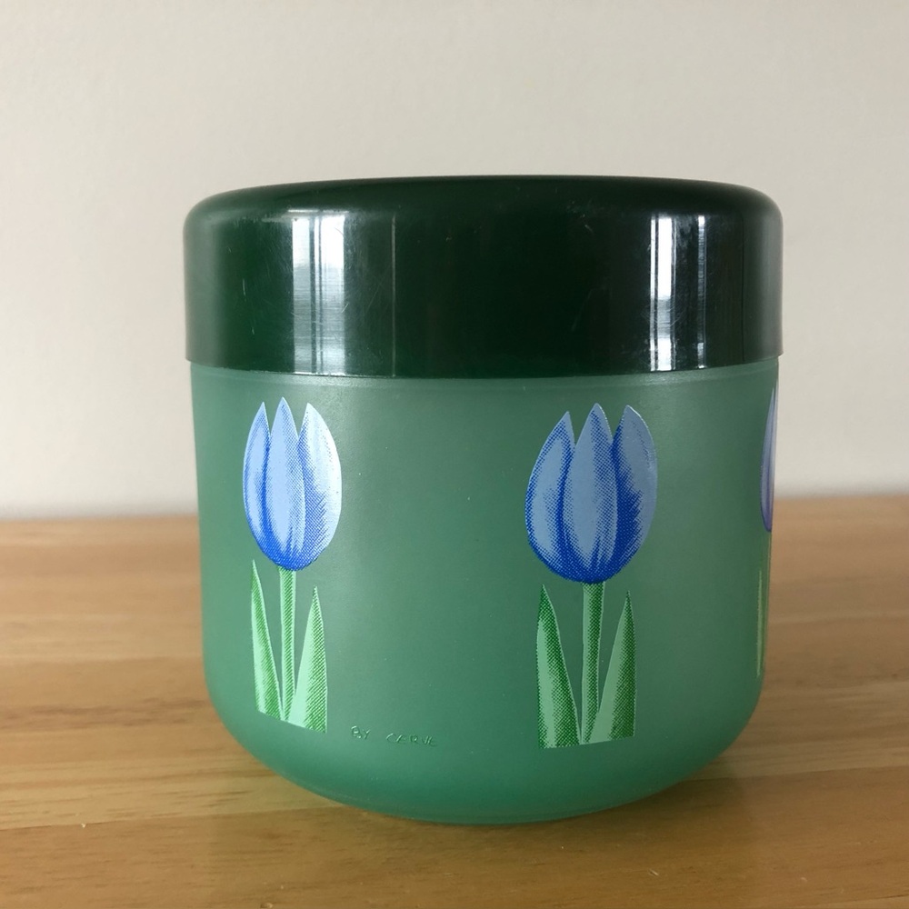 Vintage Cerve Parma Frosted Green Floral Blue Tulip Vanity Kitchen Storage Jar